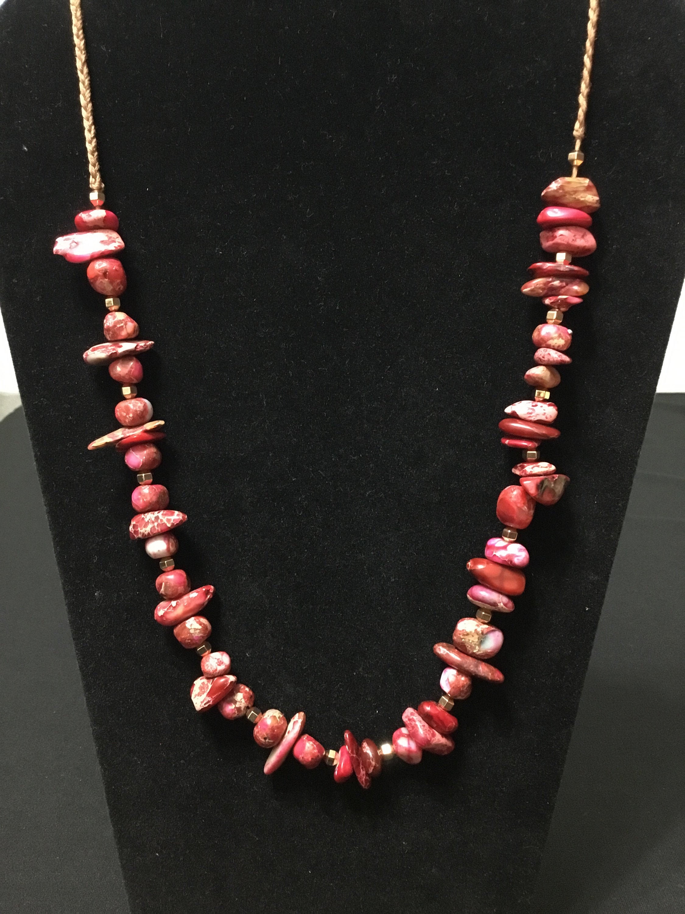 Fuchsia and Red Beaded Necklace with gold spacers Etsy