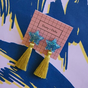 Blue glitter stars with gold silk tassels dangly earrings