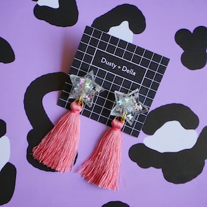 Silver butterfly glitter stars with antique pink silk tassels dangly earrings