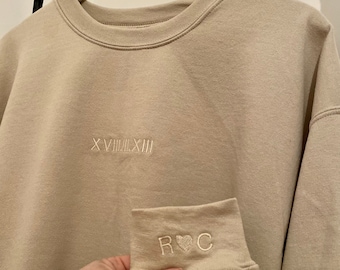 Personalised Embroidered Adults Roman Numerals Sweatshirt with Initials & Love Heart on Cuff // Perfect For Anniversaries, Birthdays Etc!