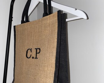Personalised Embroidered Initial Jute Bag with Black Trim