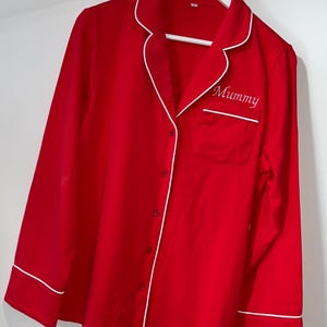 Family Christmas Embroidered RED Luxurious Adults Long Sleeve Pyjama Set White Piping ALL SIZES &quot;Beat the rush Order now for Fast Shipping&quot;