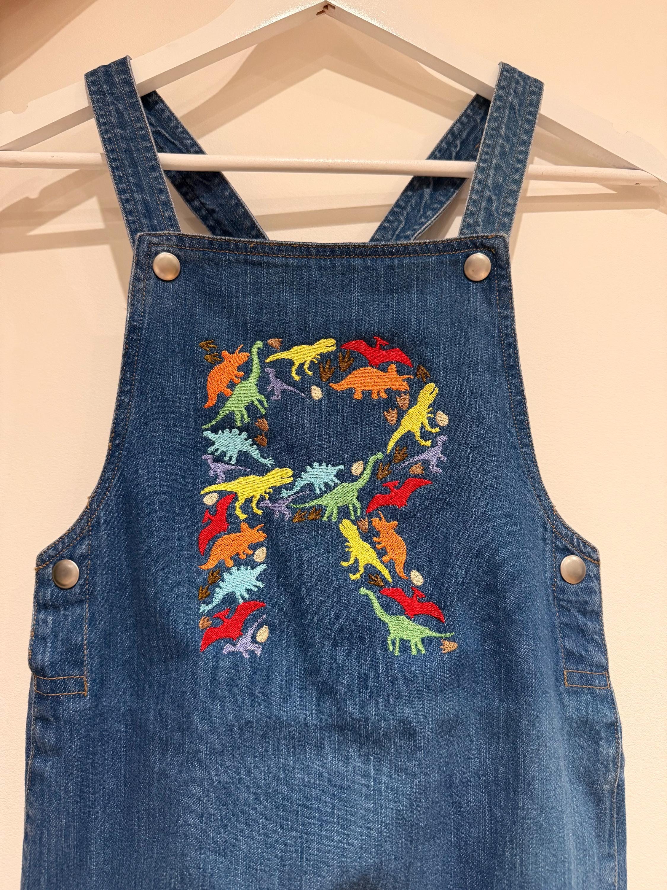 Personalized Embroidered Dinosaur Initial Denim Dungarees
