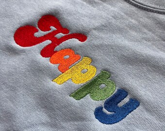 Children’s Embroidered “Happy” Rainbow Retro Style Sweatshirt // Perfect For A Birthday or To Spread Positivity