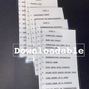 May include: Several white paper lists in plastic sleeves, with black text. The lists are titled with numbers and include topics like "Thanksgiving Desserts" and "Christmas Treat." The word "Downloadable" is overlaid on the image.