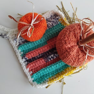 May include: A handmade crochet potholder with a colorful striped design, featuring orange and peach crochet pumpkins. One pumpkin has a cinnamon stick stem. The potholder has a white loop for hanging. Decorative straw accents the scene.
