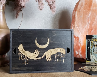 Witchy Hands Moonphase Tarot Card Storage Box, Large Wooden Tarot Card Holder, Sustainable Moon Phase Affirmation Card Box, Witchy Gift