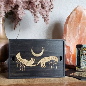 Witchy Hands Moonphase Tarot Card Storage Box, Large Wooden Tarot Card Holder, Sustainable Moon Phase Affirmation Card Box, Witchy Gift
