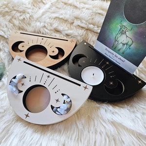 Portavelas de té con cartas del tarot, altar de cartas del tarot con triple fase lunar, regalos de brujas, soporte minimalista para cartas del tarot, accesorios para cartas del tarot
