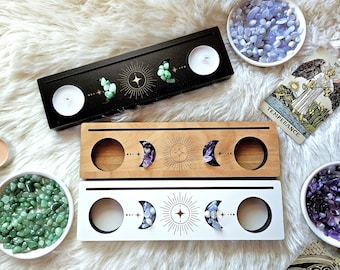 Celestial Tarot Card Stand: Meditation Altar with Crystal Chips & Tea Light Candle Space