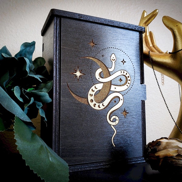 Witchy Tarot Card Storage Box, Black and Gold Wooden Tarot Holder, Serpent Moon Phase Oracle Card Box, Witchy Altar Box