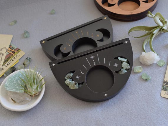 Triple Moon Tarot Card Holder: Tea Light Altar Stand, Authentic Crystal Chips Option