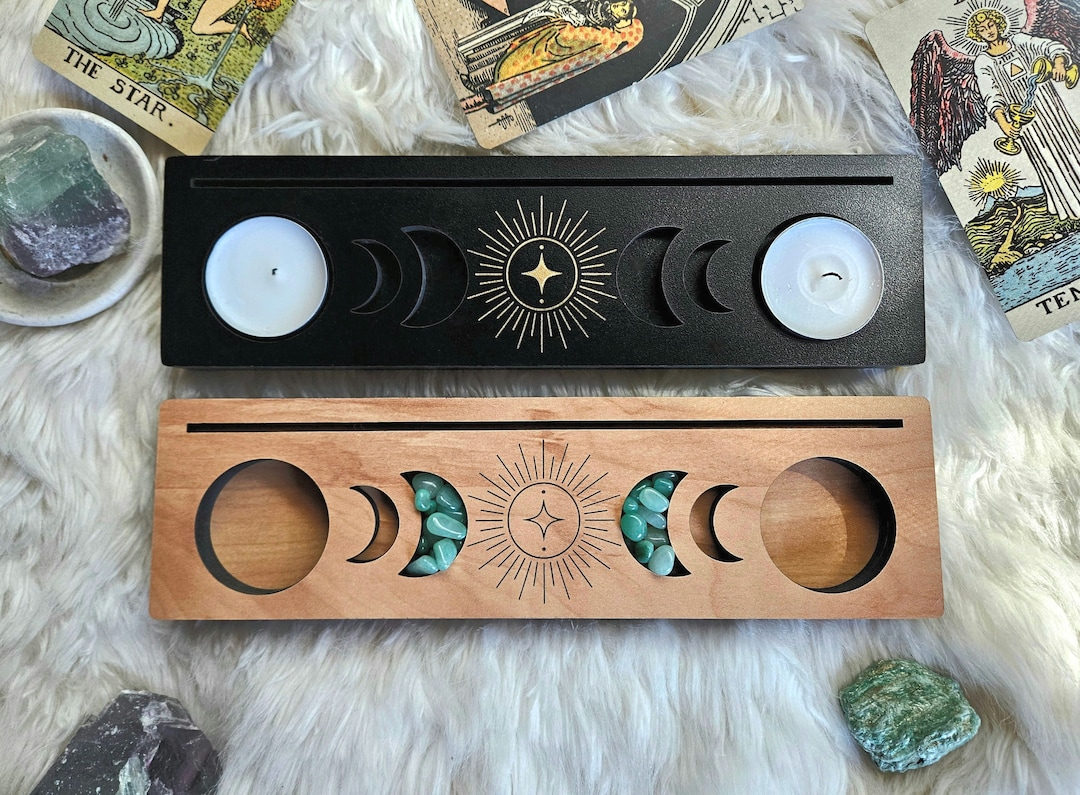 Celestial Tarot Card Display Stand: Authentic Crystal Chip Options & Tea Light Candle Space
