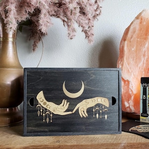 Witchy Hands Moonphase Tarot Card Storage Box, Large Wooden Tarot Card Holder, Sustainable Moon Phase Affirmation Card Box, Witchy Gift