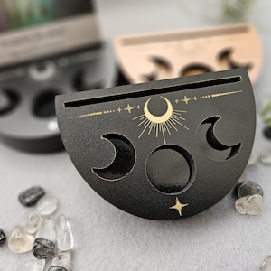 Moon Phase Tarot Card Stand: Authentic Crystal Chip Options, Celestial Altar Decor