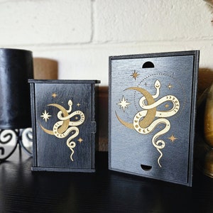 Witchy Tarot Card Storage Box, Black and Gold Wooden Tarot Holder, Serpent Moon Phase Keepsake Box, Tarot Card Accessory Altar Box