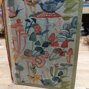 May include: A book with a whimsical mushroom and snail illustration. The cover features a light green background with colorful mushrooms in shades of red, orange, and blue. Snails are also depicted. The book's spine is visible, with colorful threads.