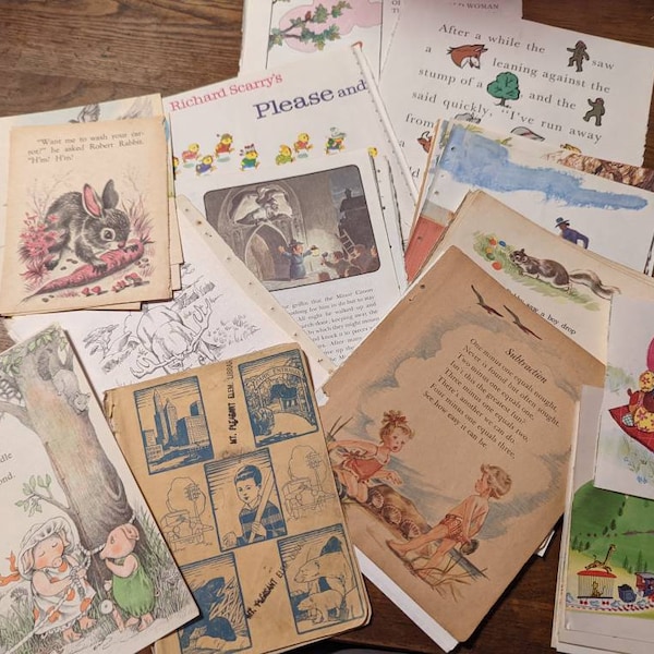 15 Vintage Children's Book Pages for Junk Journals, Collage, Art Journal, Ephemera