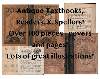 DIGITAL KIT - Over 100 Pieces! Antique Reader, Speller, and Textbook Covers and Pages. Printable Ephemera for Junk Journals