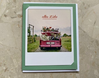 Photo folding card 'Flower Car All the best'/ 2 in 1 greeting card instant picture/postcard/congratulations on the wedding