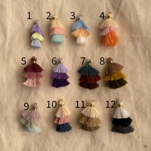 May include: Twelve different colored tassel charms with gold tops. The tassels are layered in three tiers and are arranged in rows of four.