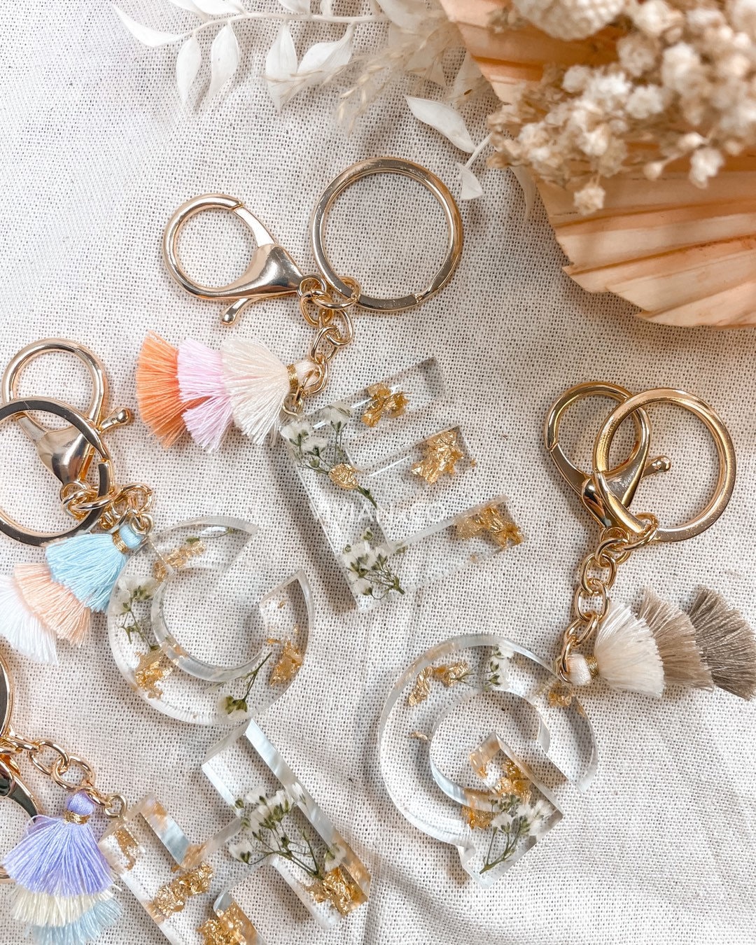 Baby’s Breath Keychain with Tassel | Floral Keychain | Letter Keychain | Customizable Key Chain | Christmas Gifts | Bridesmaid Gift