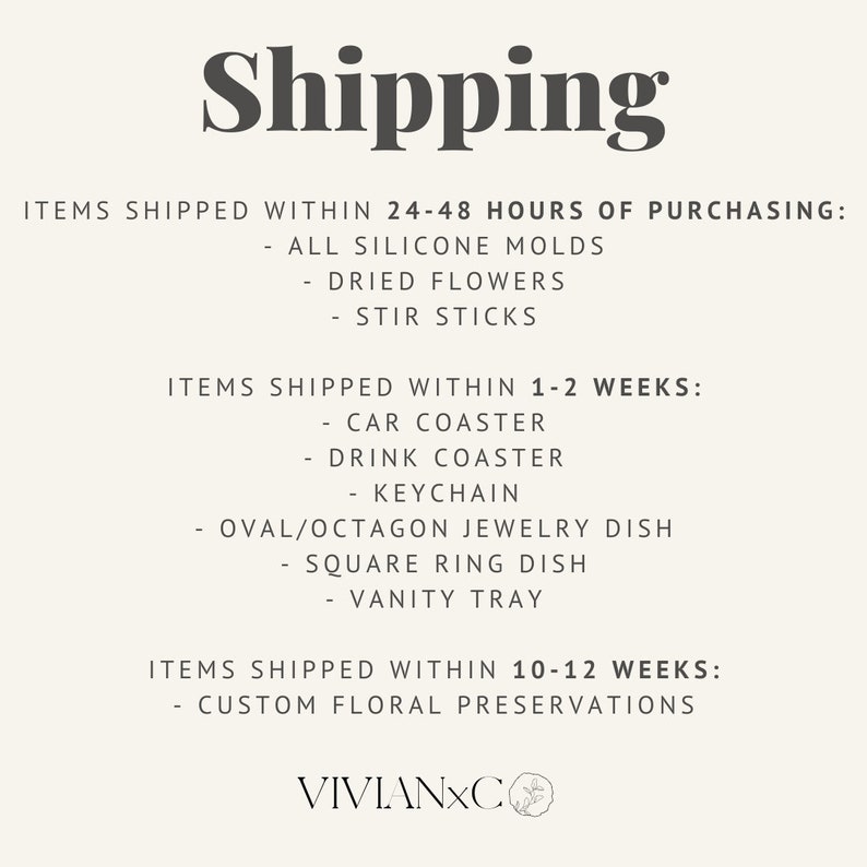 May include: A text-based graphic listing shipping times for various items sold by VivianXC. Items shipped within 24-48 hours include silicone molds, dried flowers, and stir sticks. Items shipped within 1-2 weeks include car coasters, drink coasters, keychains, oval/octagon jewelry dishes, square ring dishes, and vanity trays. Items shipped within 10-12 weeks include custom floral preservations.