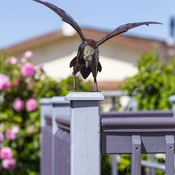 Handcrafted metal fish eagle. Outdoor Garden Recycled Metal Bird Sculpture.