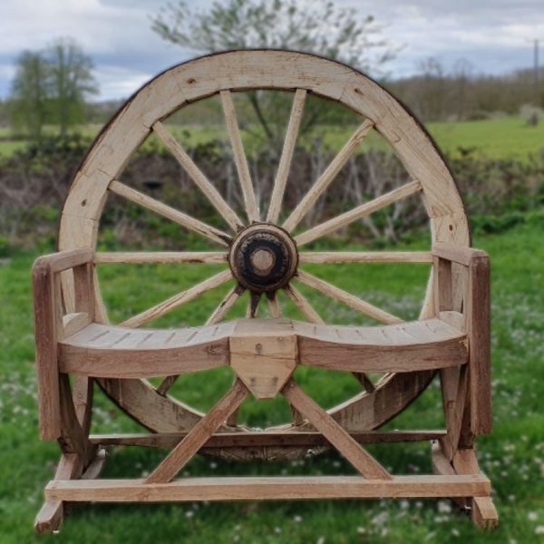 Handcrafted Teak Wagon/Cart Wheel Rustic Wooden Bench. Ranch Country style bench. Handmade Bench.