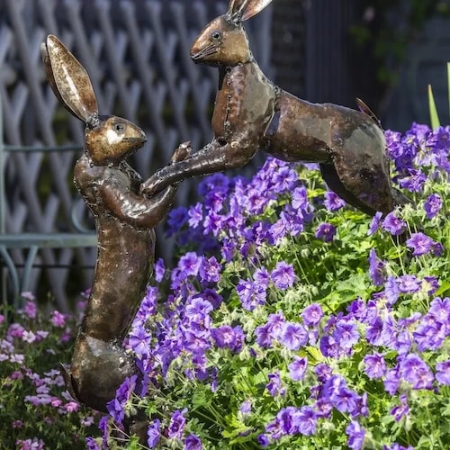 Hand Crafted Recycled Metal Boxing Hares. Handmade Hares Sculpture, Outdoor Garden Statue.(Safe Place to leave needed- large box delivery)