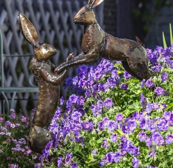 Hand Crafted Recycled Metal Boxing Hares. Handmade Hares Sculpture, Outdoor Garden Statue.(Safe Place to leave needed- large box delivery)