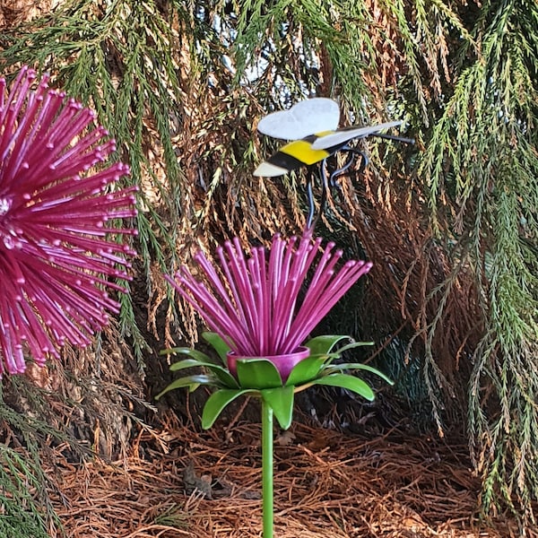 Hand Crafted Flowers - Thistle and Bee. Handmade metal Outdoor Sculpture. Garden Decor (2-1A)