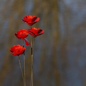 Hand Crafted Flowers Recycled Metal Poppy. Outdoor Garden Sculpture