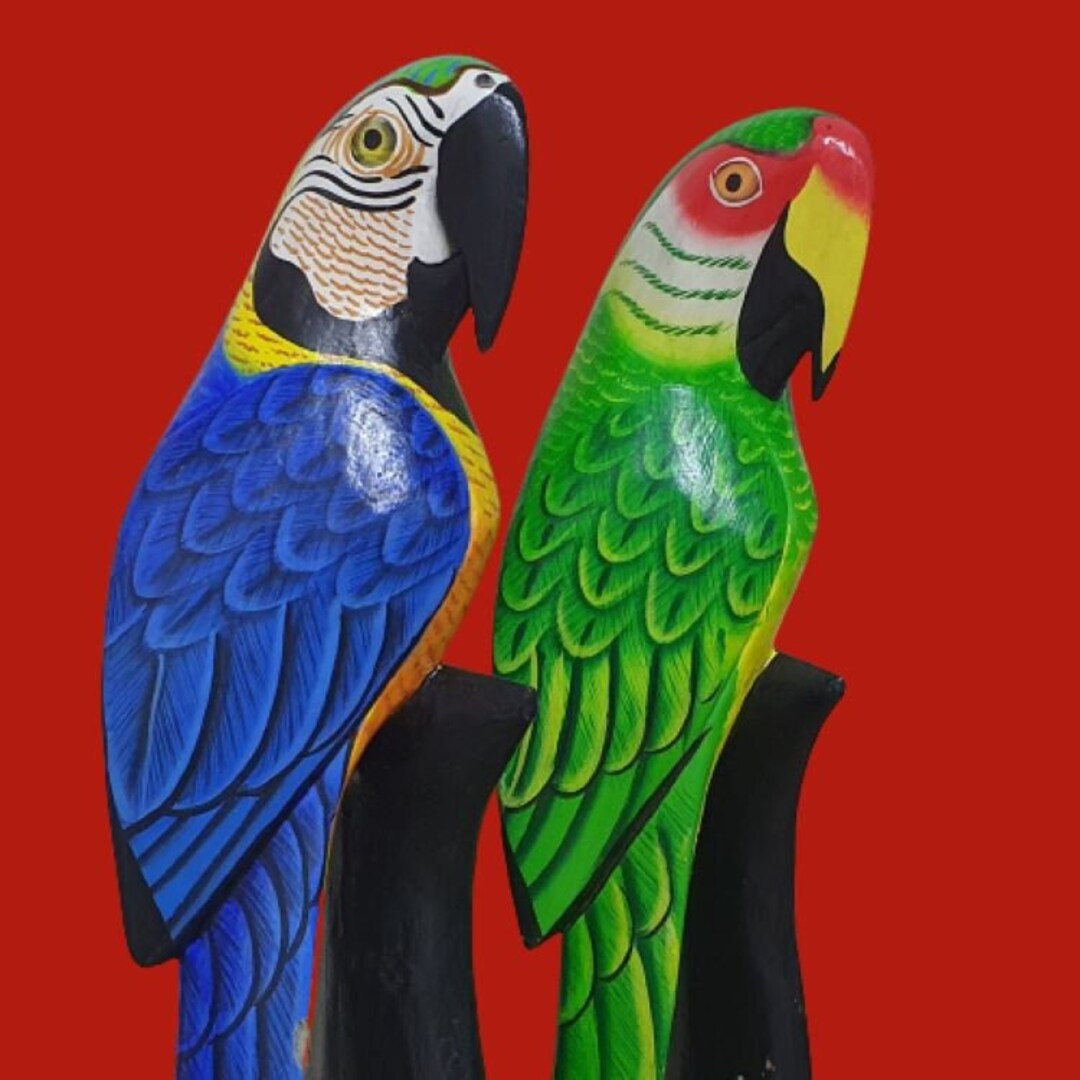 Handcrafted Wooden Parrots on Stand Ornament, Bird Statue, Hand Painted ... - Handcrafted Parrot Bird Aviary With Wooden Wheel Corner