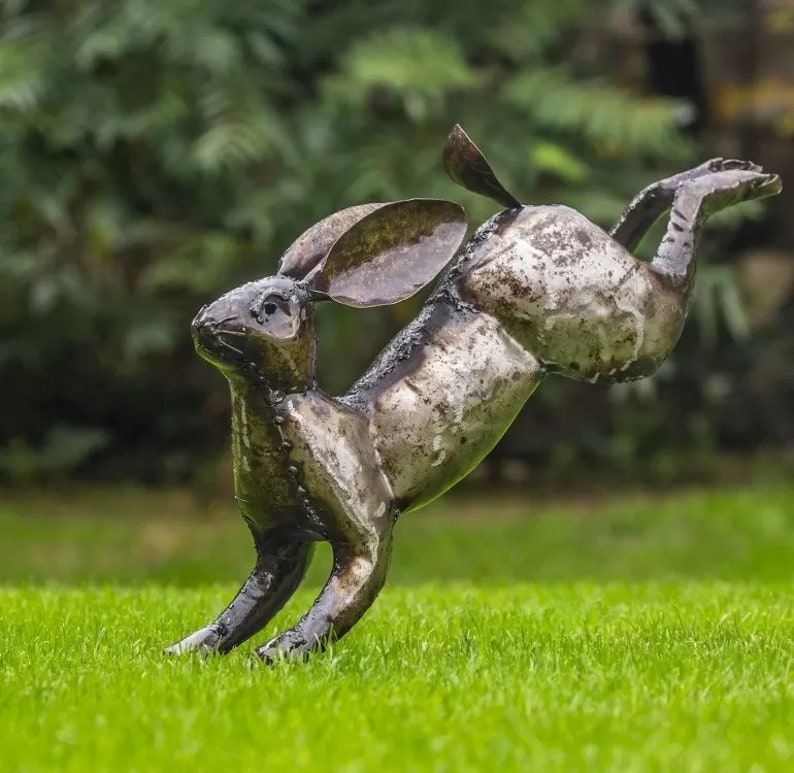 Hand Crafted Recycled Metal Hare (AC-HRE1) Garden Sculpture. Handmade Hare Statue. Garden Gift image 4