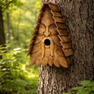 New Handcrafted Triangular Shape Greenman Nesting Box. Handmade carved Bird House. Hanging Outdoor. Bird Lovers Gift