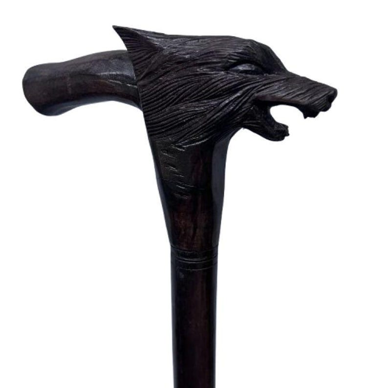 Hand Crafted Wooden Walking Sticks with Various Carved Animal/Bird Tops (2-13) Wolf with Handle