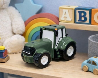 Ceramic Green Tractor Money Box/ Piggy Bank. Handmade Christening Gift. With Stopper.