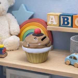 Ceramic Muffin Money Boxes. Chocolate design muffin piggy bank with stopper, hand painted. Piggy Bank