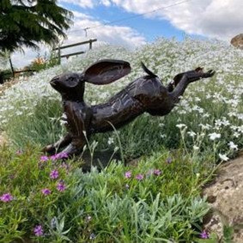 Hand Crafted Recycled Metal Hare (AC-HRE1) Garden Sculpture. Handmade Hare Statue. Garden Gift image 3