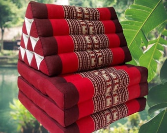 Kapok Thai Classic 3 Fold Yoga/Meditation Floor Cushion with Recliner Red and Burgundy Elephant Design. Campervan Seating. Massage mat