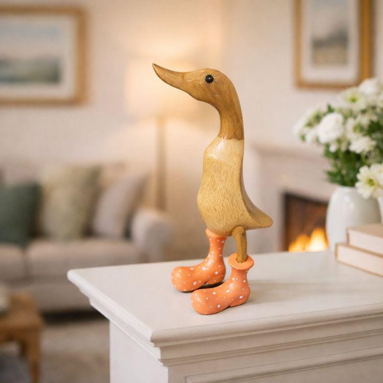 Hand Crafted Bamboo Wooden Ducks in Polka Dot Boots. Hand Carved