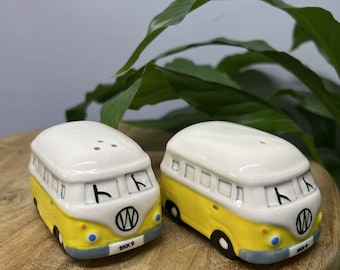 Ceramic Salt and pepper Shakers Yellow Surf Bus design. Novelty Gift Kitchen Accessory. Salt and Peppers.