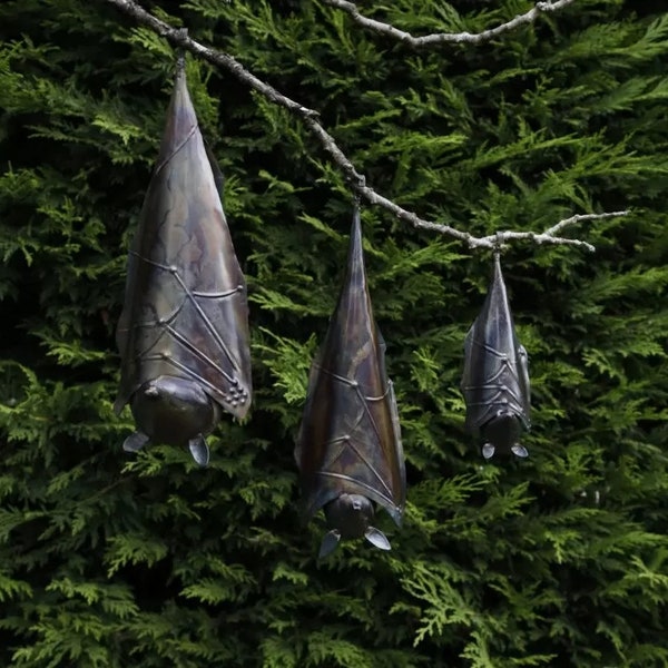 Hanging bat with folded wings. Handcrafted Metal Bats, Outdoor Bat Sculptures. Bat Gifts (2-3A)