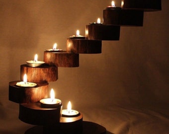 Teak 9 tier twist T-Light candle holder dark or natural finish