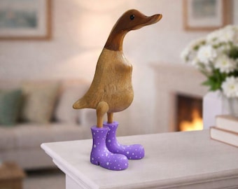 Hand Crafted Bamboo Wooden Ducks in Polka Dot Boots. Hand Carved