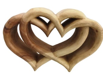 Wooden Carved Overlapping Hearts Entwinned