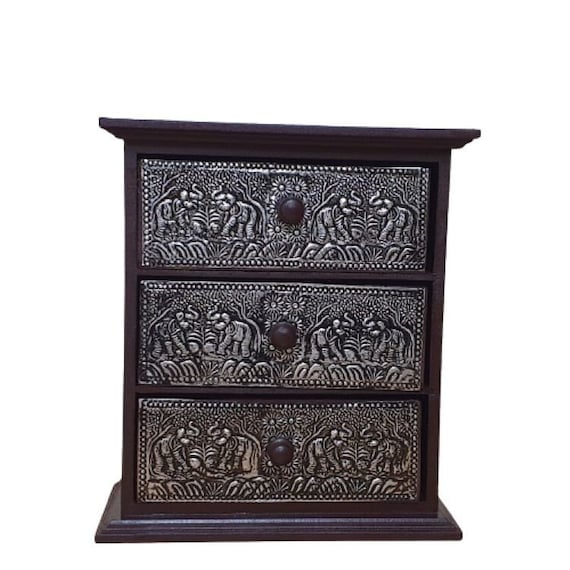 Handmade Wooden Trinket / Jewellery Box with 3 drawers. Embossed Elephant Design Front and Top. Elephant Lovers Gift