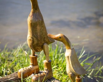 Handmade Natural Bamboo Duck with Hobnail Boot Ornament, Sculpture, Outdoor Statue. Duck Lovers Gift