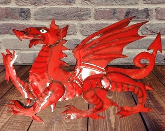 Metal Wall Red Welsh Dragon. Welsh Hanging Sculpture. Dragons. (2-3E)